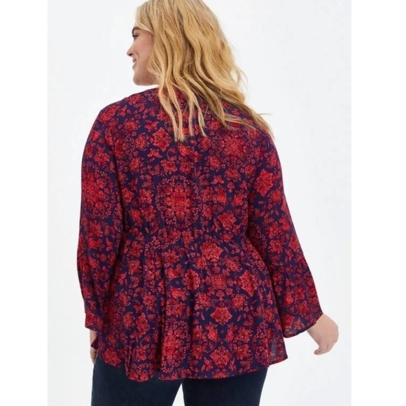 Torrid Red Blue Babydoll Gauze Crochet Trim Lace Up Floral Boho Top Size 4 - Picture 3 of 15